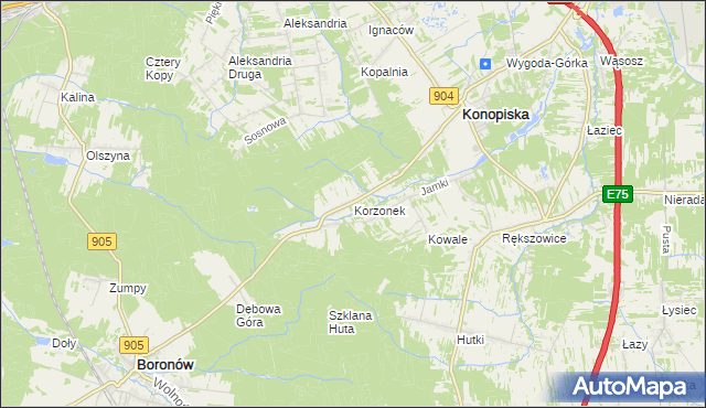 mapa Korzonek gmina Konopiska, Korzonek gmina Konopiska na mapie Targeo