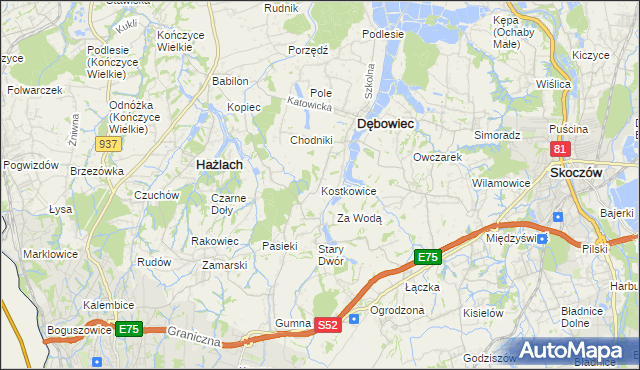 mapa Kostkowice gmina Dębowiec, Kostkowice gmina Dębowiec na mapie Targeo