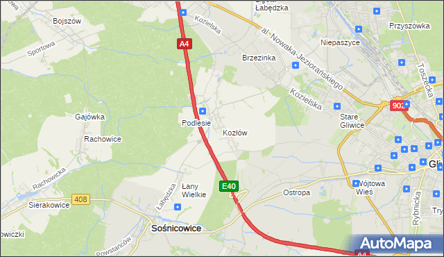 mapa Kozłów gmina Sośnicowice, Kozłów gmina Sośnicowice na mapie Targeo