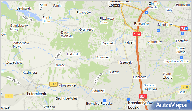 mapa Krzywiec gmina Aleksandrów Łódzki, Krzywiec gmina Aleksandrów Łódzki na mapie Targeo