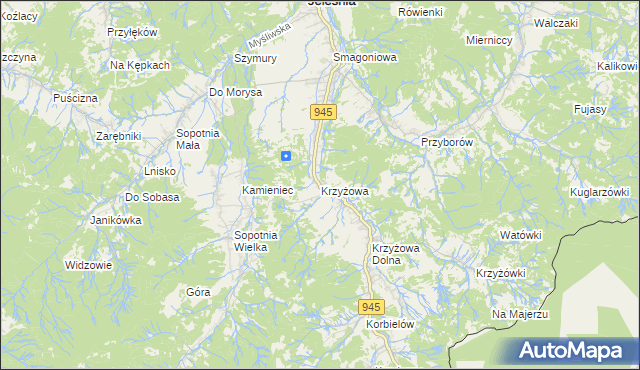 mapa Krzyżowa gmina Jeleśnia, Krzyżowa gmina Jeleśnia na mapie Targeo