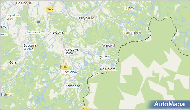 mapa Krzyżówki gmina Jeleśnia, Krzyżówki gmina Jeleśnia na mapie Targeo