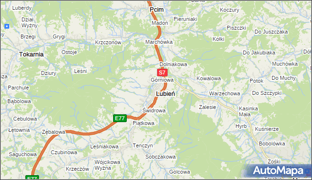 mapa Lubień powiat myślenicki, Lubień powiat myślenicki na mapie Targeo