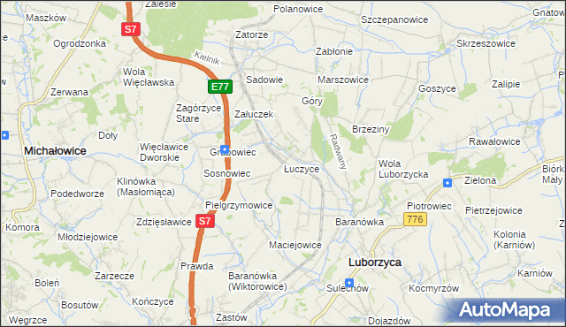 mapa Łuczyce gmina Kocmyrzów-Luborzyca, Łuczyce gmina Kocmyrzów-Luborzyca na mapie Targeo