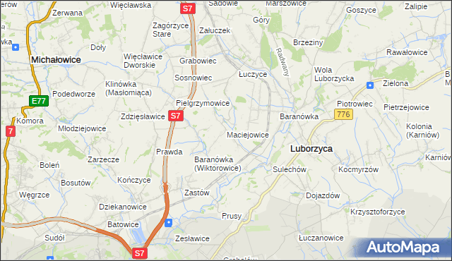 mapa Maciejowice gmina Kocmyrzów-Luborzyca, Maciejowice gmina Kocmyrzów-Luborzyca na mapie Targeo