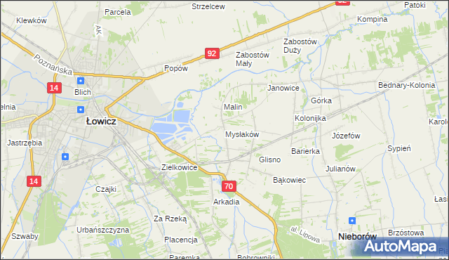 mapa Mysłaków gmina Nieborów, Mysłaków gmina Nieborów na mapie Targeo