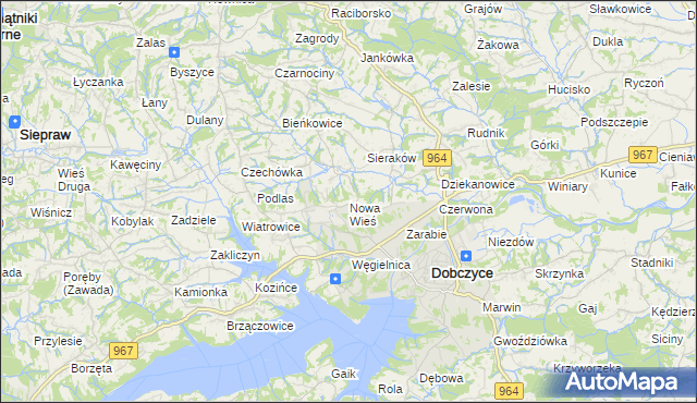 mapa Nowa Wieś gmina Dobczyce, Nowa Wieś gmina Dobczyce na mapie Targeo