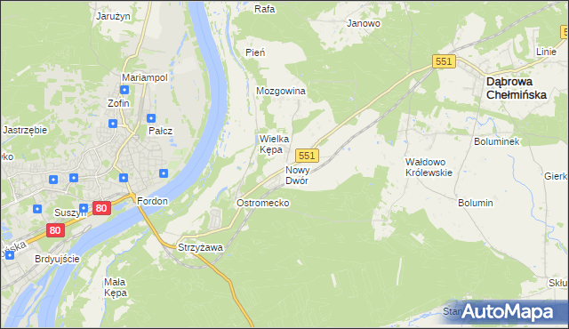 mapa Nowy Dwór gmina Dąbrowa Chełmińska, Nowy Dwór gmina Dąbrowa Chełmińska na mapie Targeo