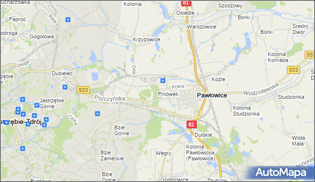 mapa Pniówek gmina Pawłowice, Pniówek gmina Pawłowice na mapie Targeo