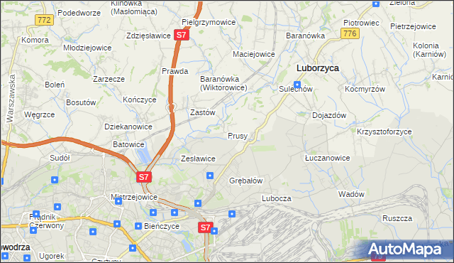 mapa Prusy gmina Kocmyrzów-Luborzyca, Prusy gmina Kocmyrzów-Luborzyca na mapie Targeo