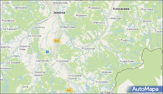 mapa Przyborów gmina Jeleśnia, Przyborów gmina Jeleśnia na mapie Targeo