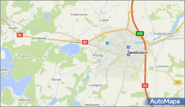 mapa Rozłogi gmina Świebodzin, Rozłogi gmina Świebodzin na mapie Targeo