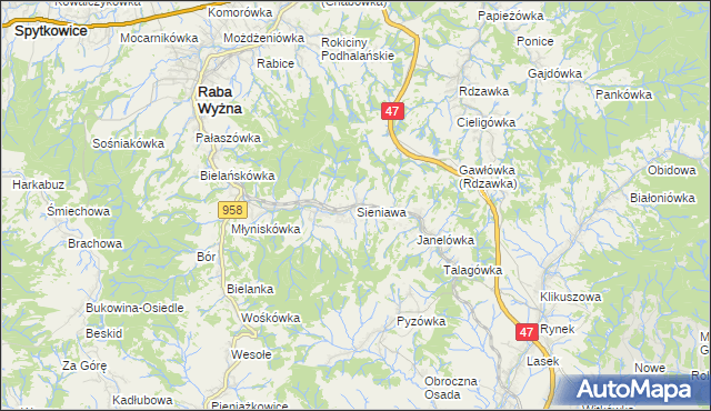 mapa Sieniawa gmina Raba Wyżna, Sieniawa gmina Raba Wyżna na mapie Targeo
