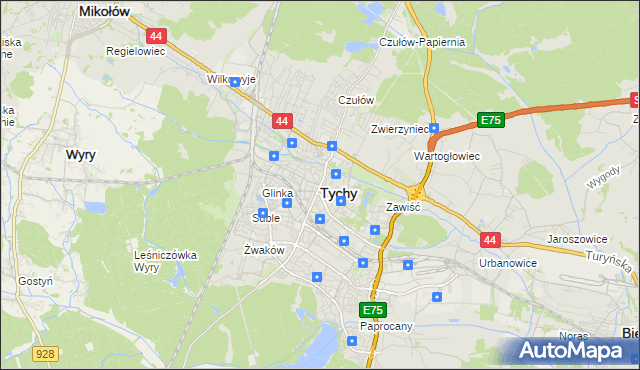 mapa Tychów, Tychy na mapie Targeo