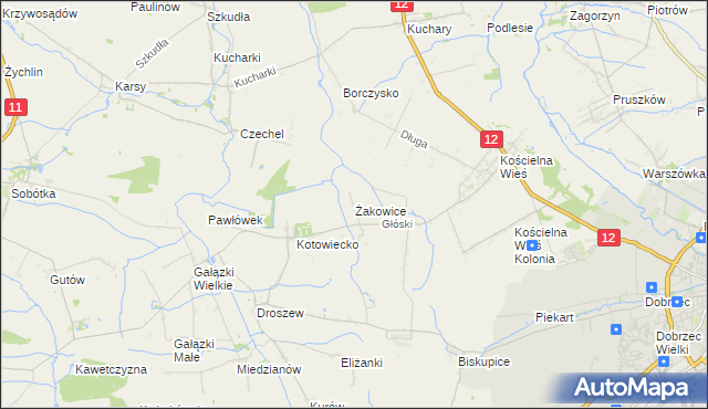mapa Żakowice gmina Nowe Skalmierzyce, Żakowice gmina Nowe Skalmierzyce na mapie Targeo