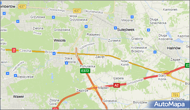 mapa Zakręt gmina Wiązowna, Zakręt gmina Wiązowna na mapie Targeo