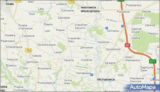 mapa Żerkowice gmina Iwanowice, Żerkowice gmina Iwanowice na mapie Targeo