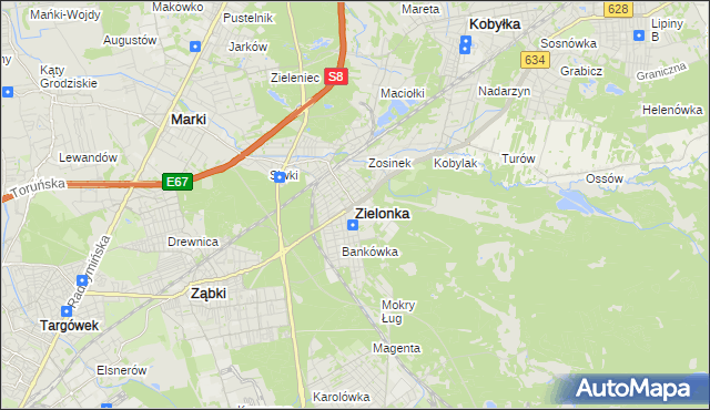 mapa Zielonka powiat wołomiński, Zielonka powiat wołomiński na mapie Targeo
