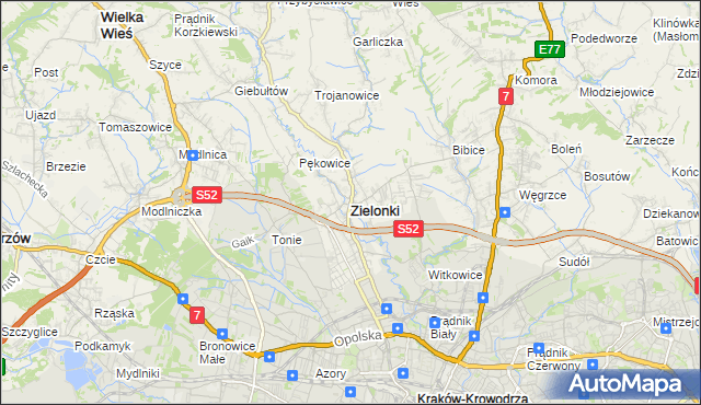 mapa Zielonki powiat krakowski, Zielonki powiat krakowski na mapie Targeo