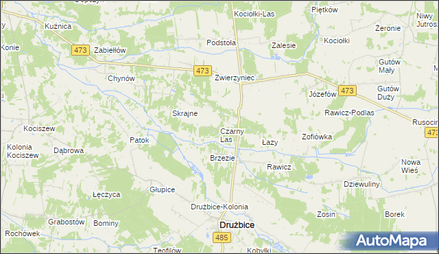 mapa Czarny Las gmina Drużbice, Czarny Las gmina Drużbice na mapie Targeo