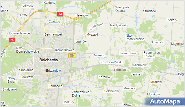 mapa Dobiecin gmina Bełchatów, Dobiecin gmina Bełchatów na mapie Targeo