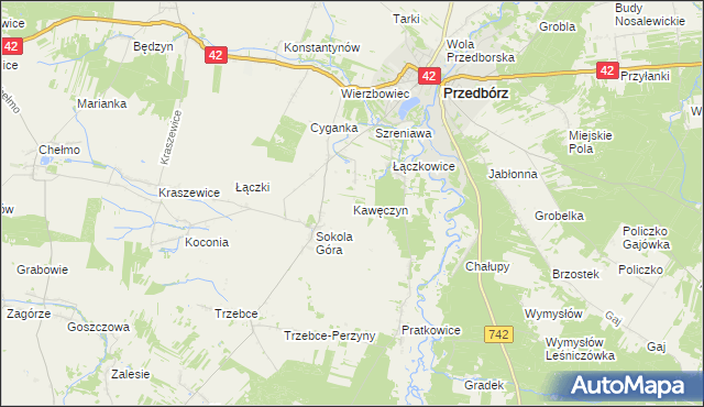 mapa Kawęczyn gmina Masłowice, Kawęczyn gmina Masłowice na mapie Targeo