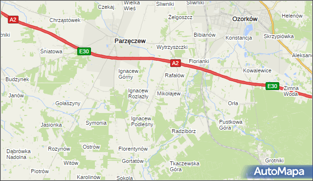 mapa Mikołajew gmina Parzęczew, Mikołajew gmina Parzęczew na mapie Targeo