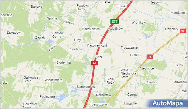 mapa Poraj gmina Wola Krzysztoporska, Poraj gmina Wola Krzysztoporska na mapie Targeo