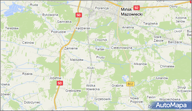 mapa Prusy gmina Mińsk Mazowiecki, Prusy gmina Mińsk Mazowiecki na mapie Targeo