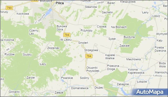 mapa Strzegowa gmina Wolbrom, Strzegowa gmina Wolbrom na mapie Targeo