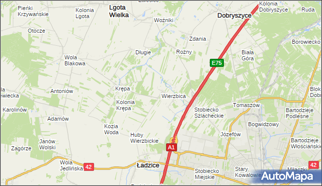 mapa Wierzbica gmina Ładzice, Wierzbica gmina Ładzice na mapie Targeo
