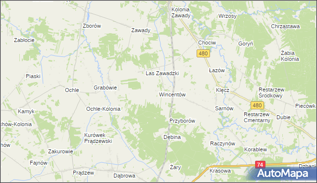 mapa Wincentów gmina Widawa, Wincentów gmina Widawa na mapie Targeo