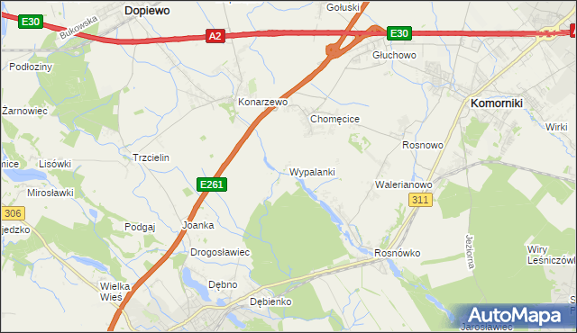 mapa Wypalanki gmina Komorniki, Wypalanki gmina Komorniki na mapie Targeo