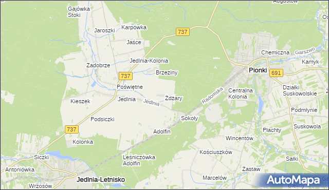 mapa Żdżary gmina Pionki, Żdżary gmina Pionki na mapie Targeo