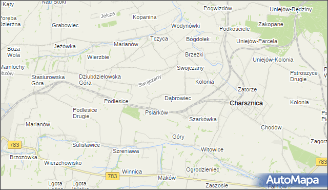 mapa Dąbrowiec gmina Charsznica, Dąbrowiec gmina Charsznica na mapie Targeo