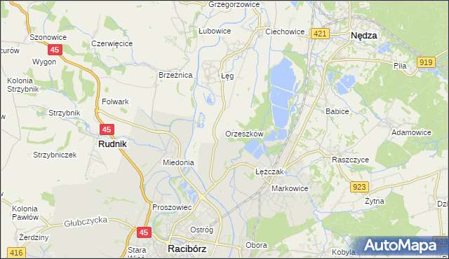 mapa Orzeszków gmina Nędza, Orzeszków gmina Nędza na mapie Targeo