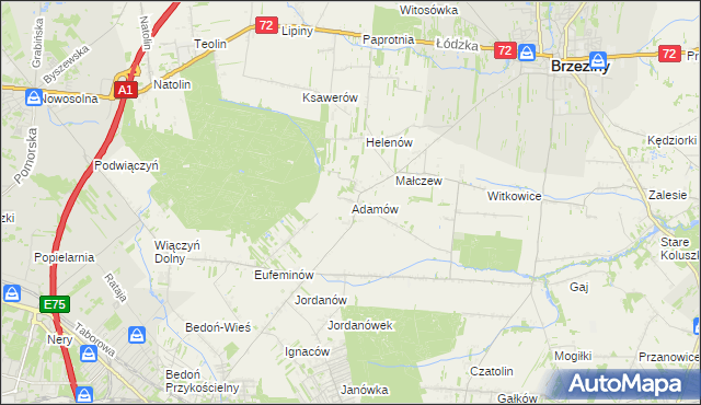 mapa Adamów gmina Brzeziny, Adamów gmina Brzeziny na mapie Targeo