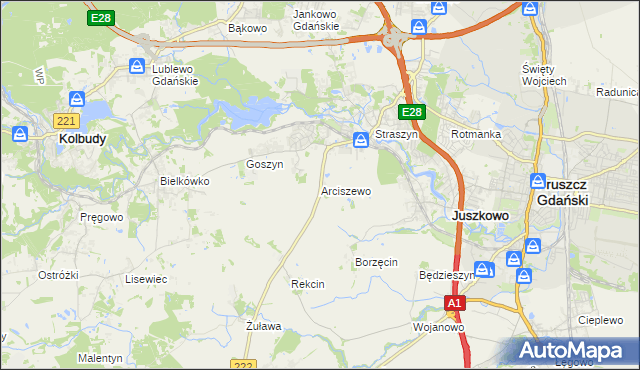 mapa Arciszewo gmina Pruszcz Gdański, Arciszewo gmina Pruszcz Gdański na mapie Targeo