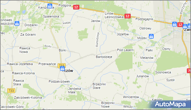 mapa Bartodzieje gmina Tczów, Bartodzieje gmina Tczów na mapie Targeo