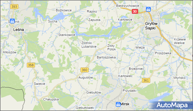 mapa Bartoszówka gmina Leśna, Bartoszówka gmina Leśna na mapie Targeo
