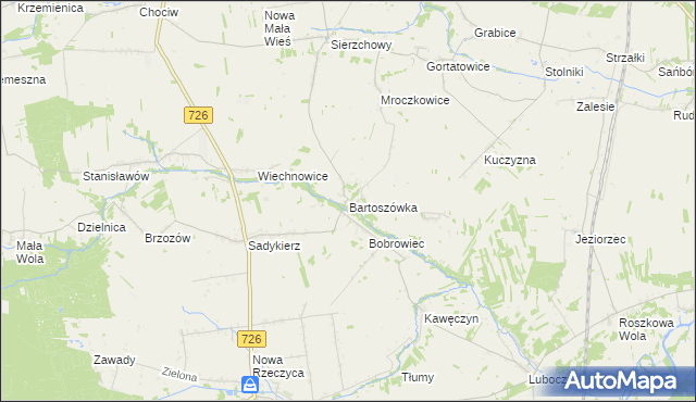 mapa Bartoszówka gmina Rzeczyca, Bartoszówka gmina Rzeczyca na mapie Targeo