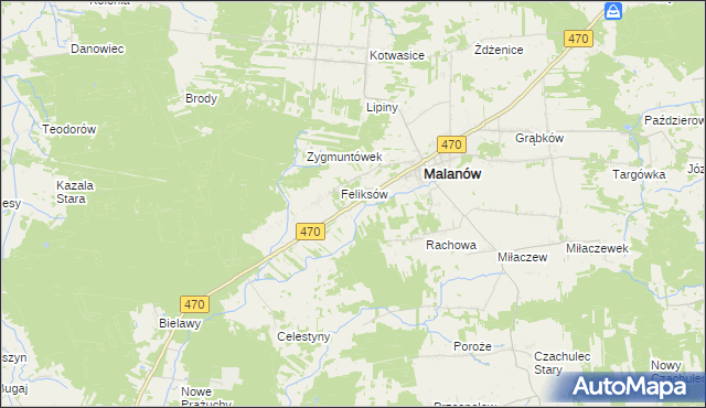mapa Bielawy gmina Malanów, Bielawy gmina Malanów na mapie Targeo