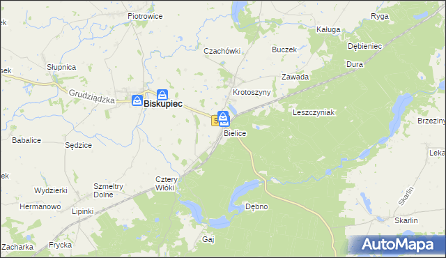 mapa Bielice gmina Biskupiec, Bielice gmina Biskupiec na mapie Targeo