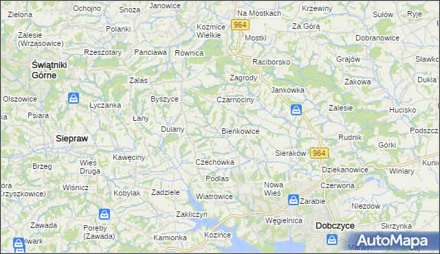 mapa Bieńkowice gmina Dobczyce, Bieńkowice gmina Dobczyce na mapie Targeo