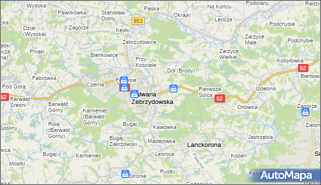 mapa Brody gmina Kalwaria Zebrzydowska, Brody gmina Kalwaria Zebrzydowska na mapie Targeo