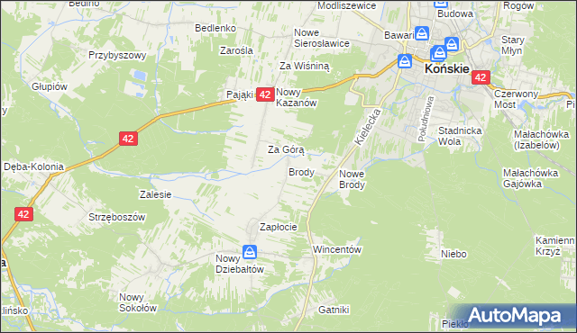 mapa Brody gmina Końskie, Brody gmina Końskie na mapie Targeo