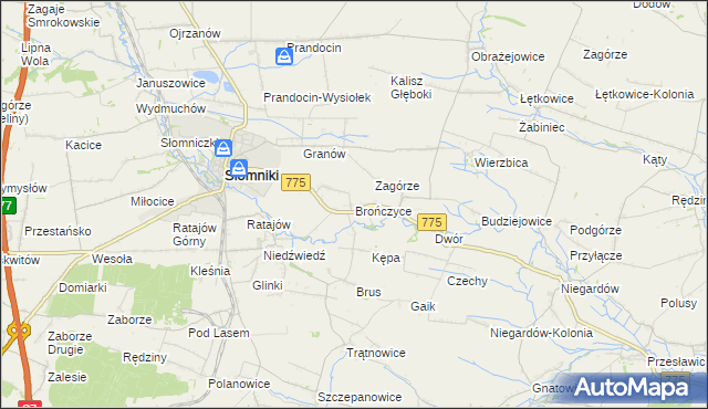 mapa Brończyce gmina Słomniki, Brończyce gmina Słomniki na mapie Targeo