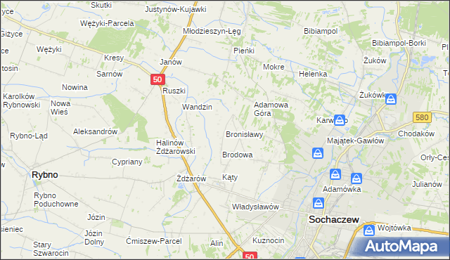 mapa Bronisławy gmina Sochaczew, Bronisławy gmina Sochaczew na mapie Targeo