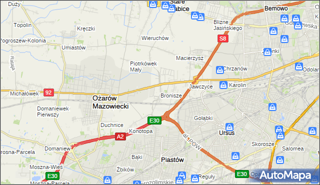 mapa Bronisze gmina Ożarów Mazowiecki, Bronisze gmina Ożarów Mazowiecki na mapie Targeo