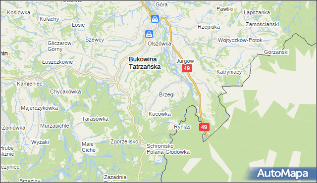 mapa Brzegi gmina Bukowina Tatrzańska, Brzegi gmina Bukowina Tatrzańska na mapie Targeo